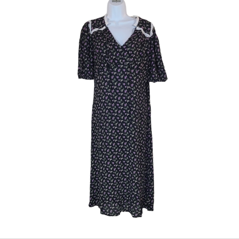 DUAL NATURE Lace Collared Midi Dress in Black Pink Multi Size M